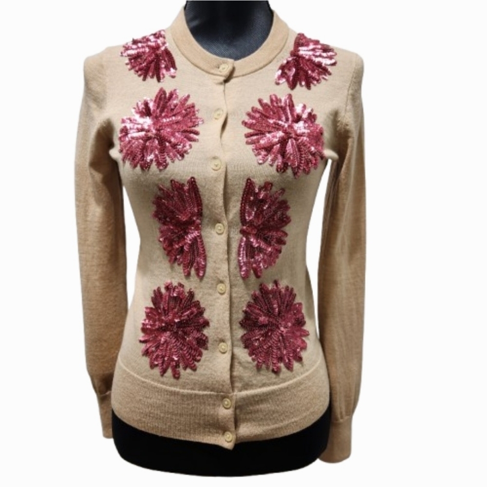 J CREW Fine Knit Merino Wool Jackie Sweater Cardigan with Rose Sequins (S)